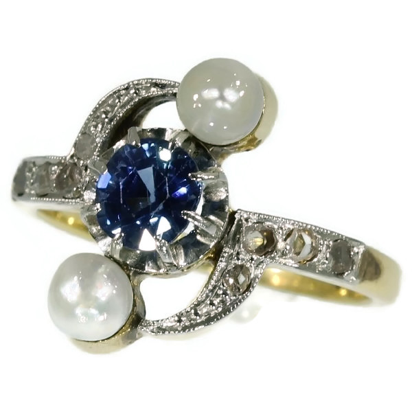 Late Victorian engagement ring with rose cut diamonds, pearls and a sapphire